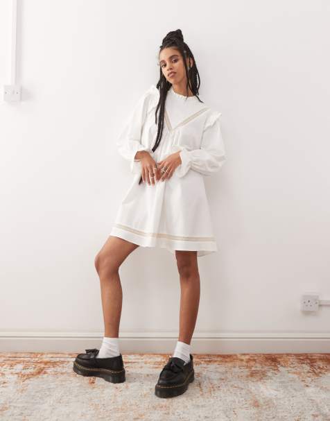 Reclaimed Vintage mini smock dress with inserted lace trims and ruffles in white - view 1