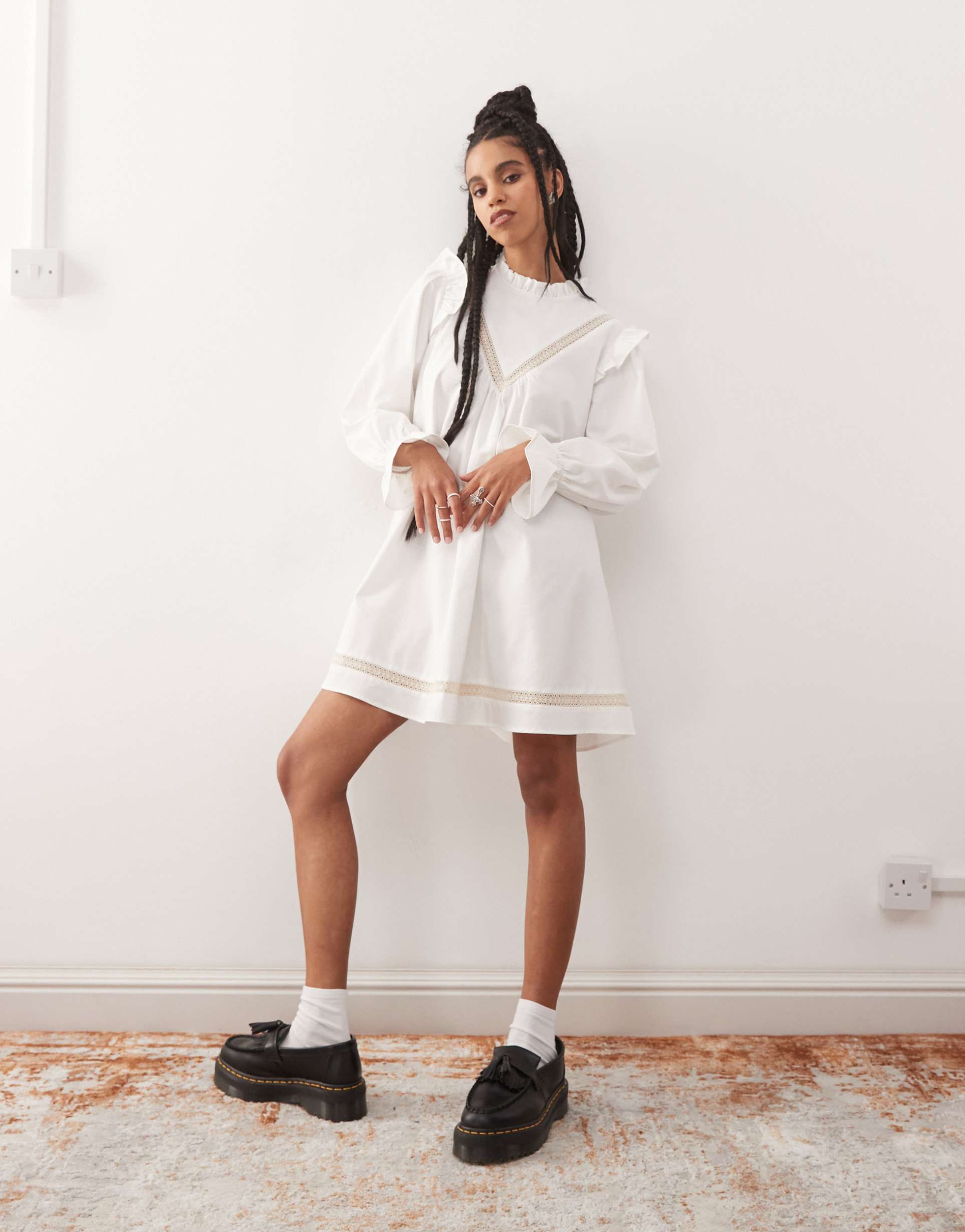 reclaimed vintage mini smock dress with inserted lace trims and ruffles in white