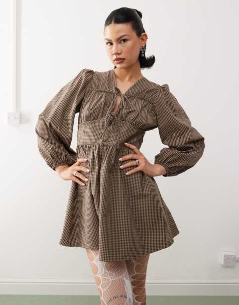 Reclaimed Vintage mini smock dress with tie front in brown check - view 1