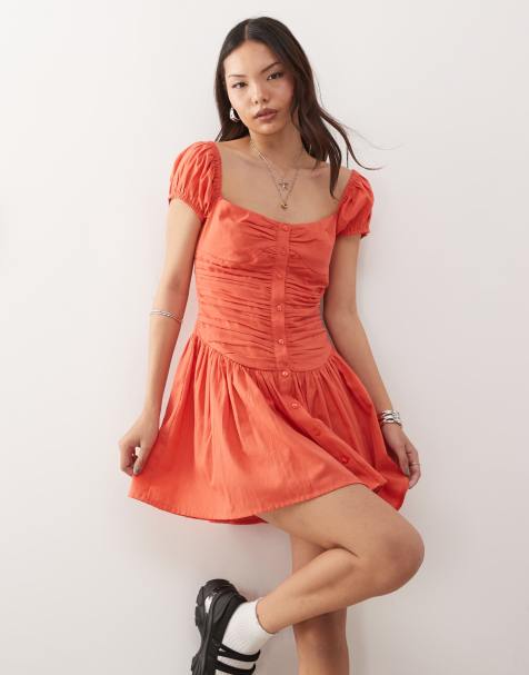 Reclaimed Vintage – Mini-Sommerkleid in Mandarinenrot mit eckigem Ausschnitt und tiefer Taille - view 1