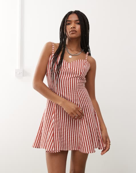 Reclaimed Vintage mini sun dress with bust seam detail and godets in burgundy stripe - view 1