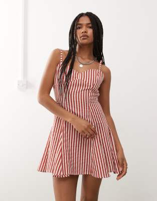 reclaimed vintage mini sun dress with bust seam detail and godets in burgundy stripe
