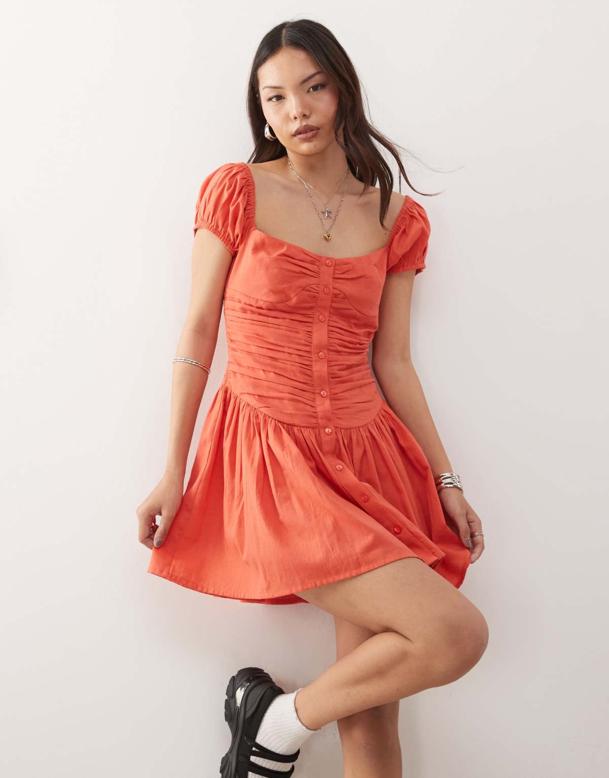 Reclaimed Vintage mini sundress with drop waist in red