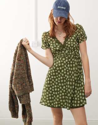 mini tea dress in green print-Multi