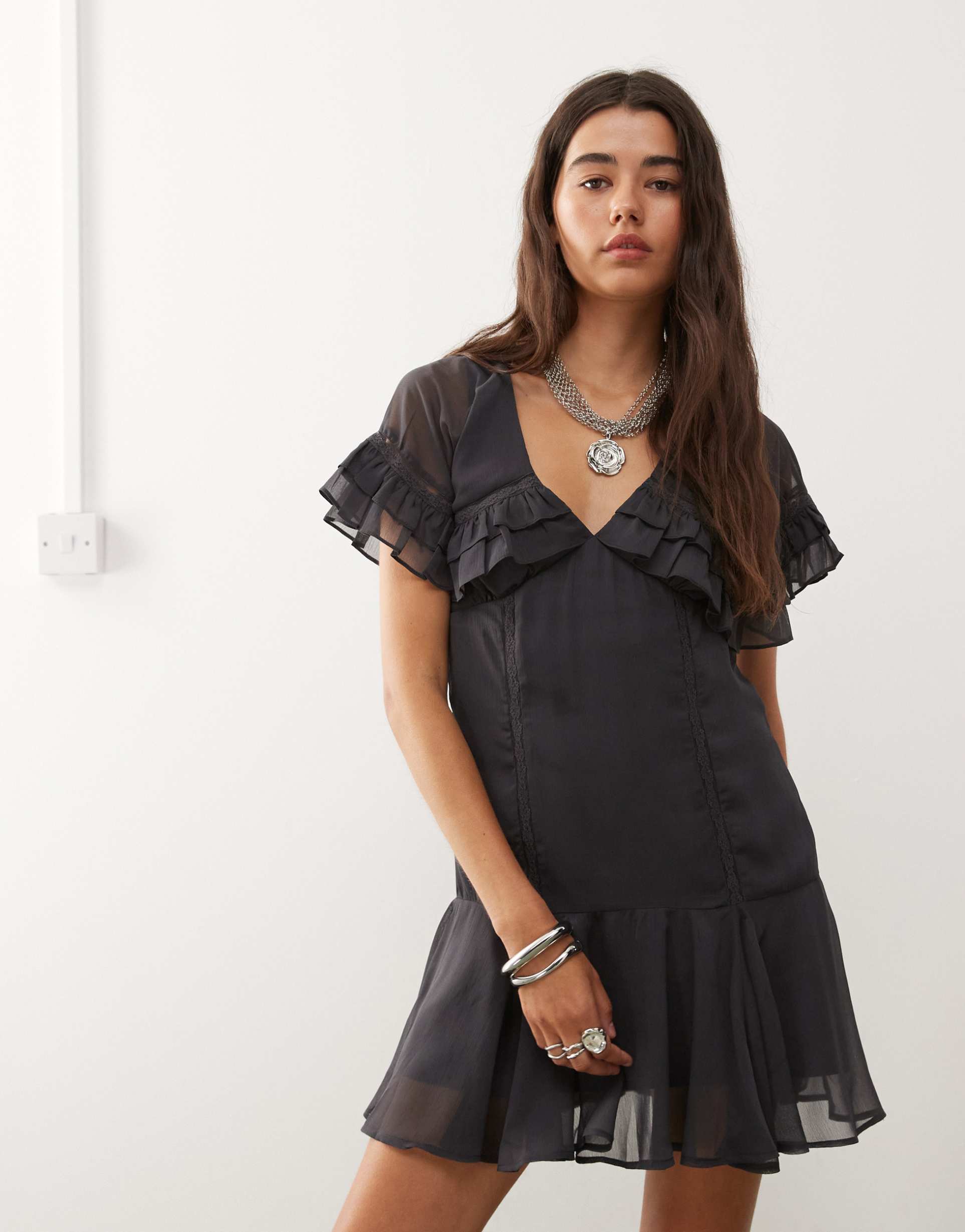 reclaimed vintage mini tea dress with cape collar in charcoal gray