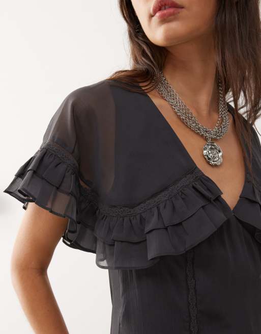 Reclaimed Vintage mini tea dress with cape collar in charcoal gray, 3 of 4