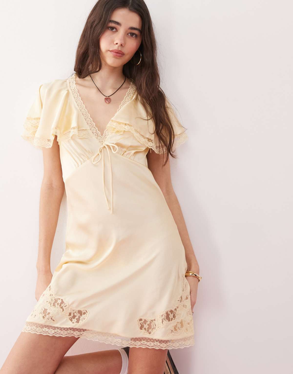 Reclaimed Vintage mini tea dress with cape sleeves and lace cutwork in butter yelllow