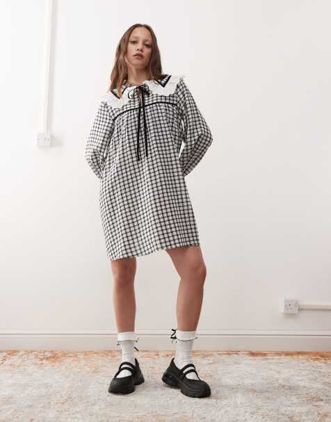 Reclaimed Vintage mini tea dress with collar in black and white plaid - view 1