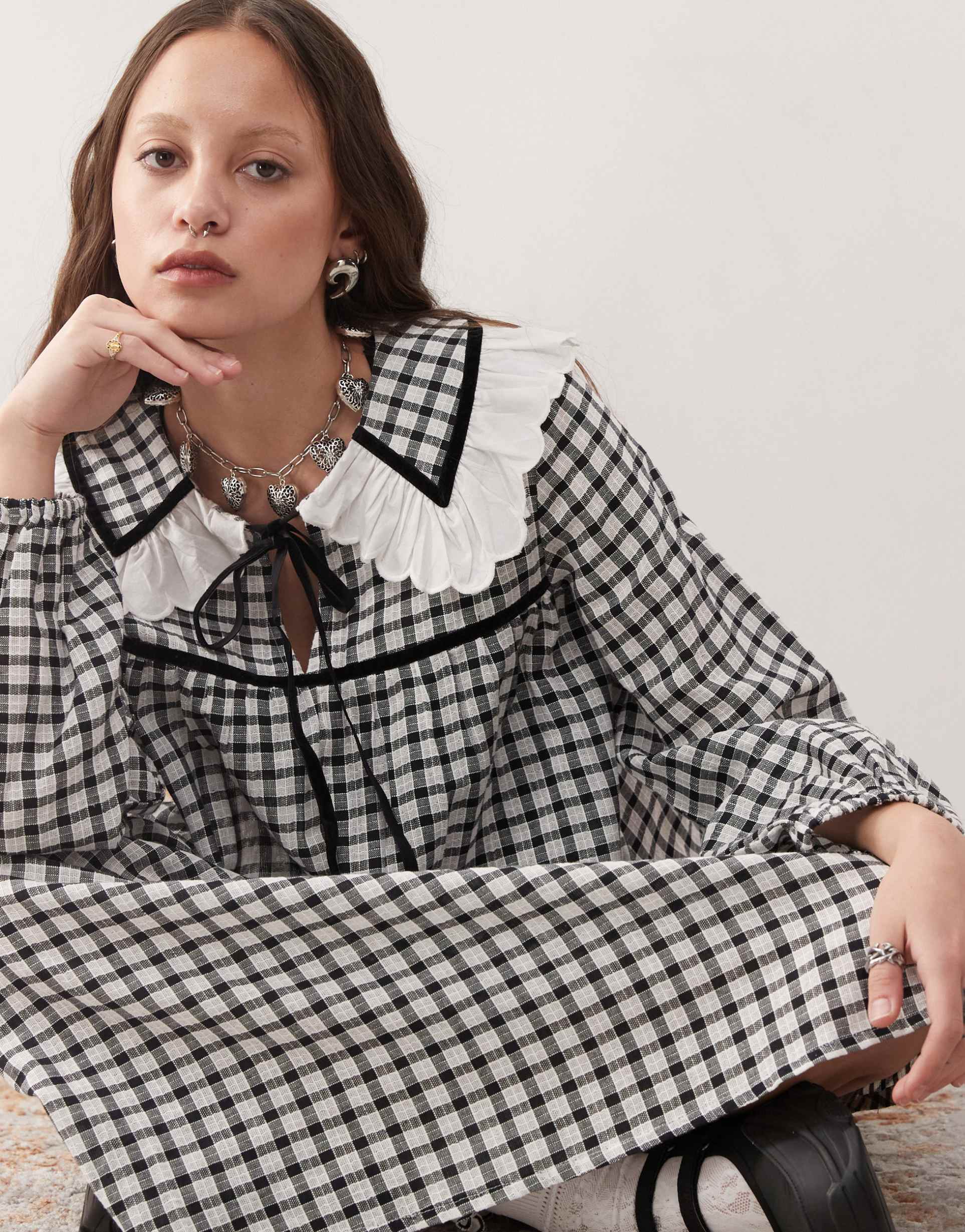 reclaimed vintage mini tea dress with collar in black and white plaid