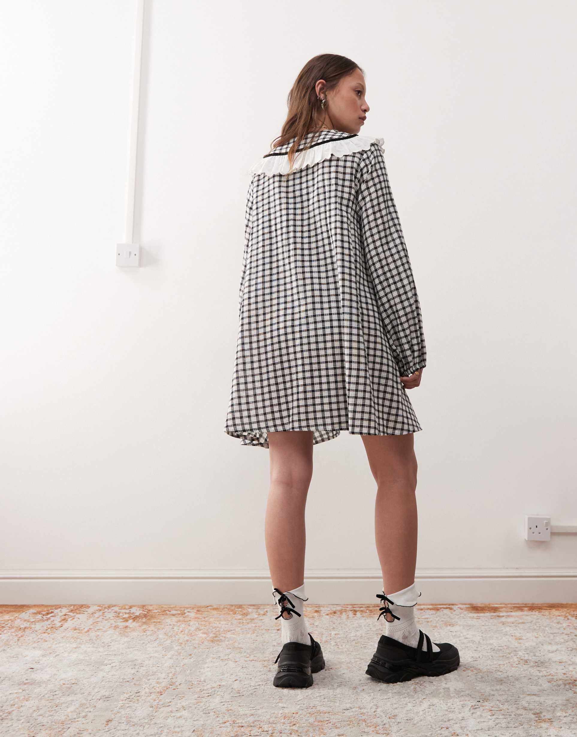 reclaimed vintage mini tea dress with collar in black and white plaid