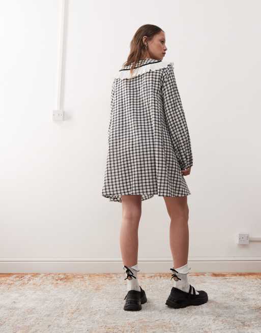 Reclaimed Vintage mini tea dress with collar in black and white plaid, 3 of 4