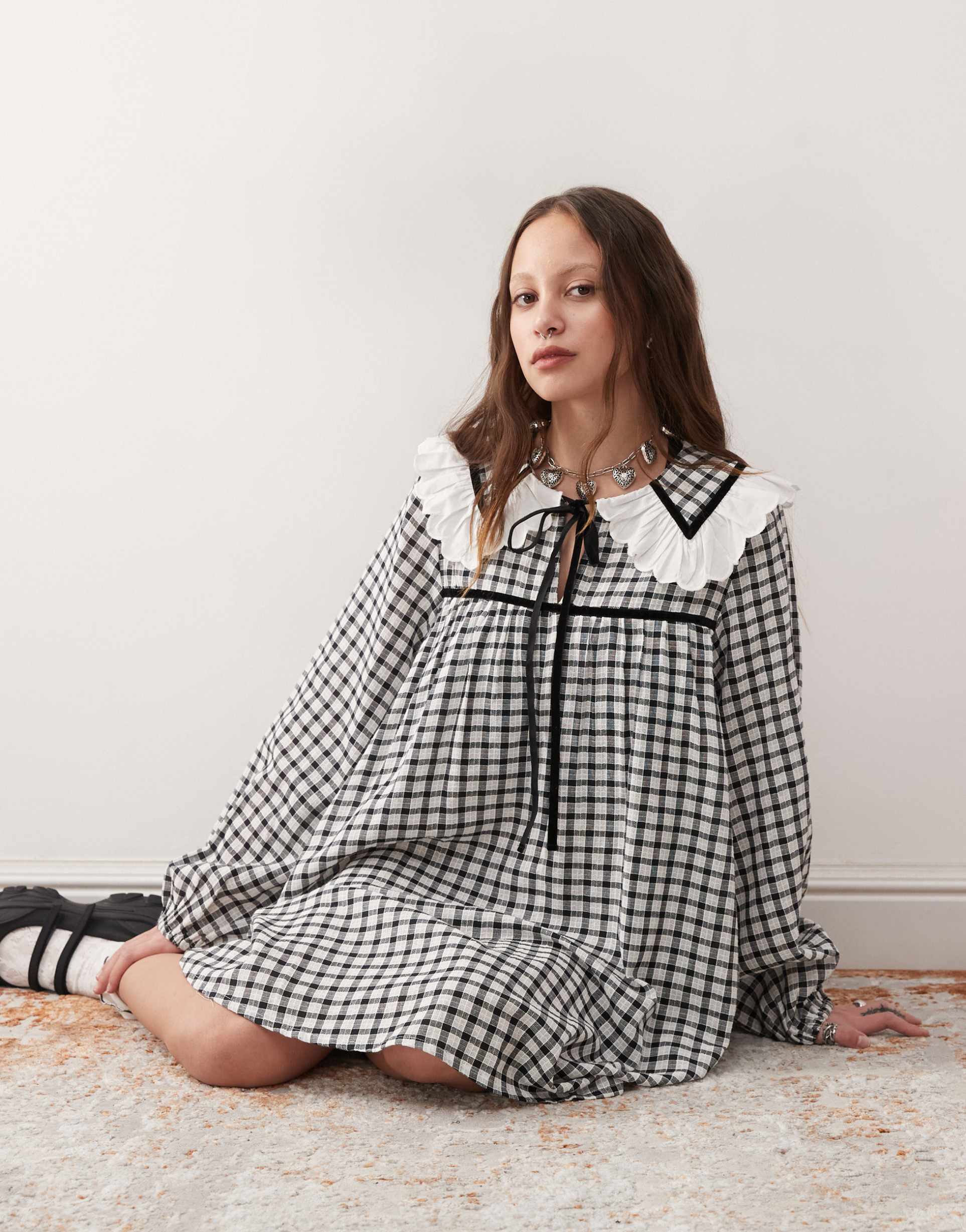 reclaimed vintage mini tea dress with collar in black and white plaid