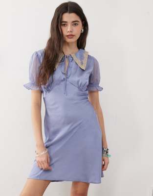 Reclaimed Vintage Mini Tea Dress With Collar In Blue