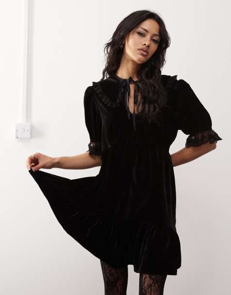 Reclaimed Vintage mini tea dress with collar in velvet - view 1