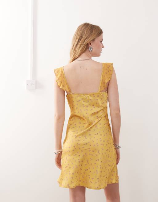 Reclaimed Vintage mini tea dress with flutter sleeves in yellow floral print, 4 of 4