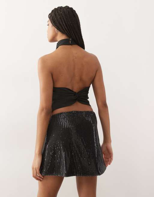 Reclaimed Vintage - Minigonna in paillettes nera con laccetti laterali, 2 di 5