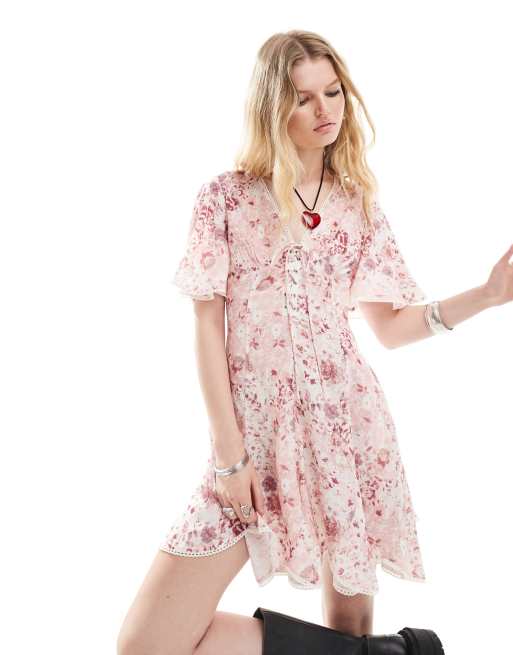 Reclaimed Vintage – Minikleid mit Blumenmuster und Bindedetail vorne