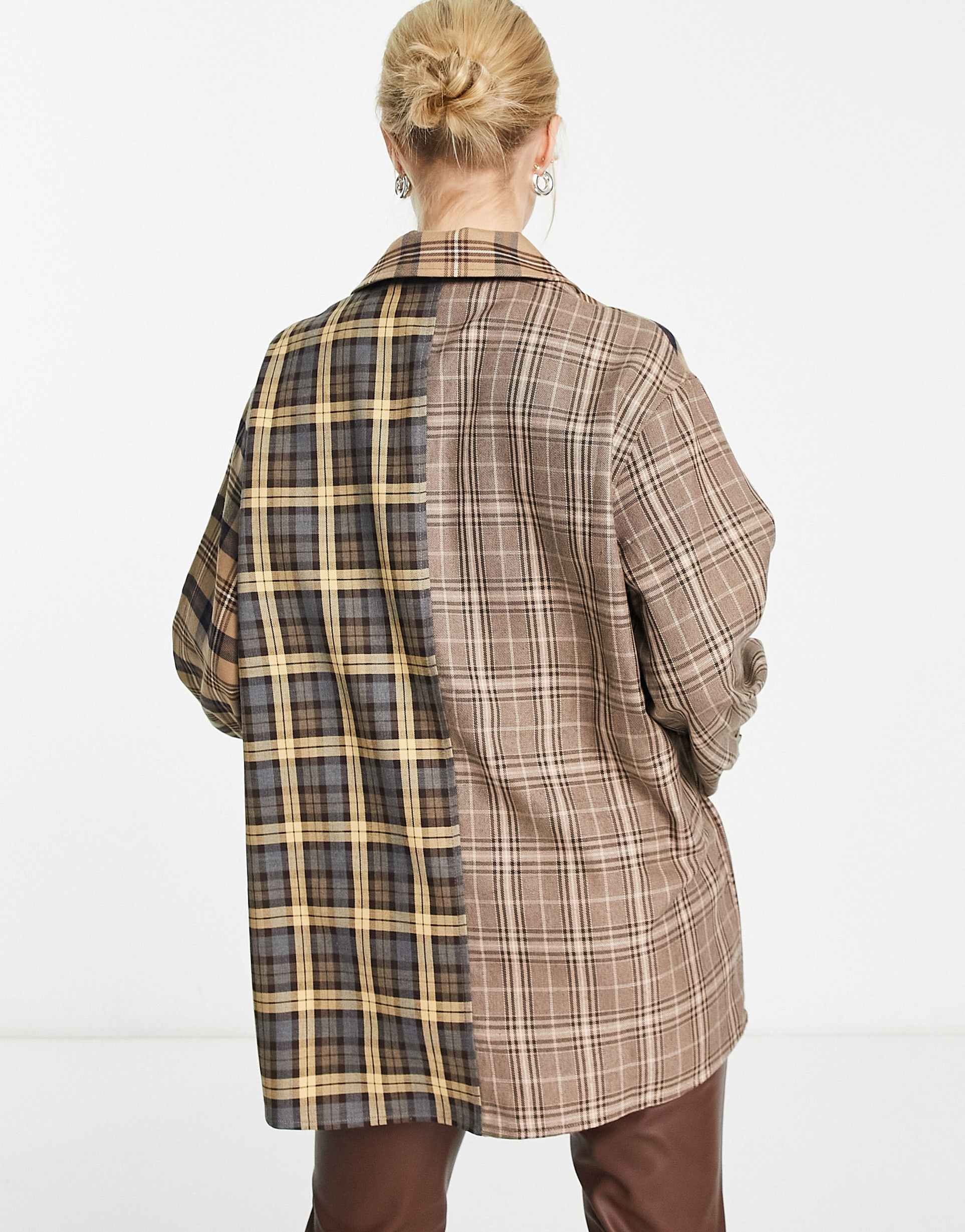 Reclaimed Vintage mixed check shirt in brown view 3