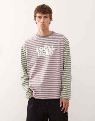 Reclaimed Vintage Mixed Multi Stripe Long Sleeve Tee With Branding Graphic