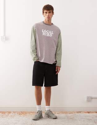 Reclaimed Vintage Mixed Multi Stripe Long Sleeve Tee With Branding Graphic In Multi