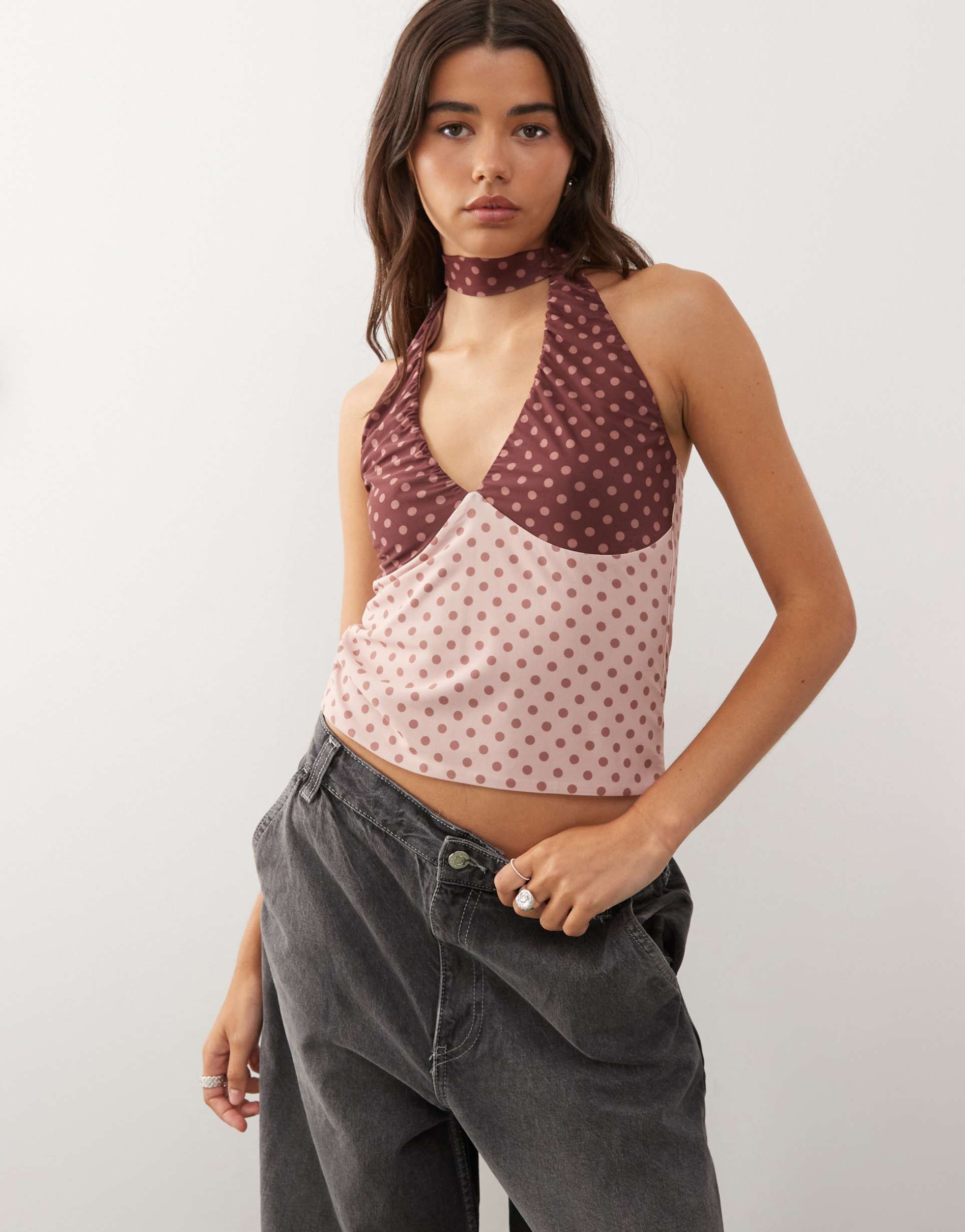 reclaimed vintage mixed print scarf halter top in red and pink