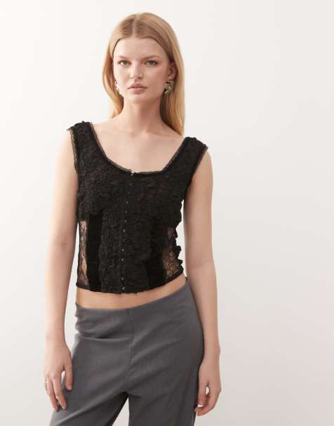 Reclaimed Vintage cami tea top in mixed satin and velvet with shirring in black