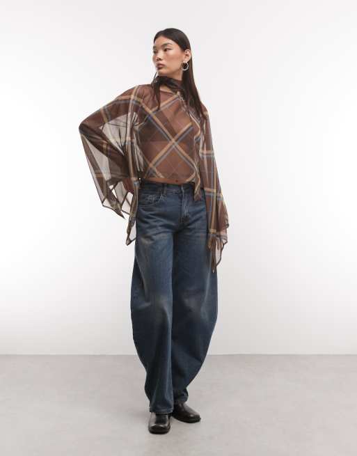 Reclaimed Vintage mjuk cape-topp med asymmetrisk fåll i rutigt, 2 av 4
