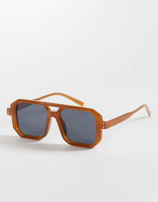 Reclaimed Vintage - modello aviatore unisex con bordo squadrato marrone e lenti blu scuro, 1 di 3