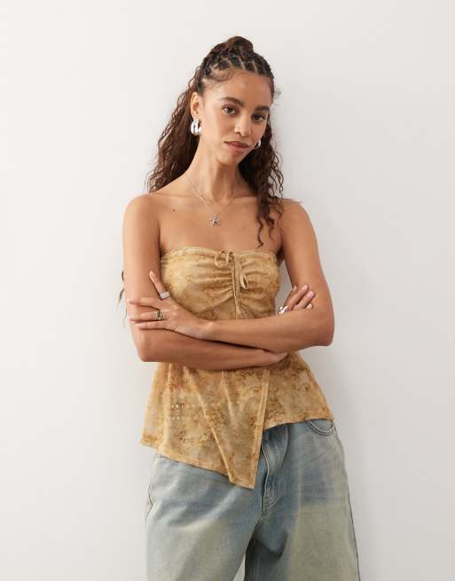 Reclaimed Vintage - Mokkabrun bandeau-top med rynkede detaljer og blomstermønster i mesh 