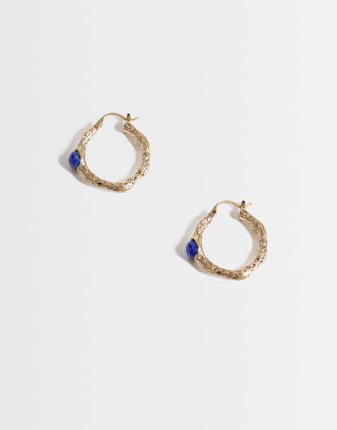 Reclaimed Vintage molten hoop earrings with semi precious stone detail - view 1