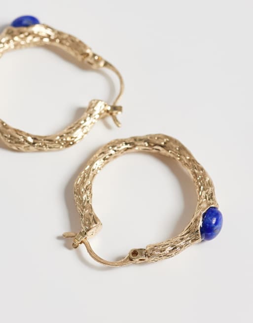Reclaimed Vintage molten hoop earrings with semi precious stone detail, 3 of 4