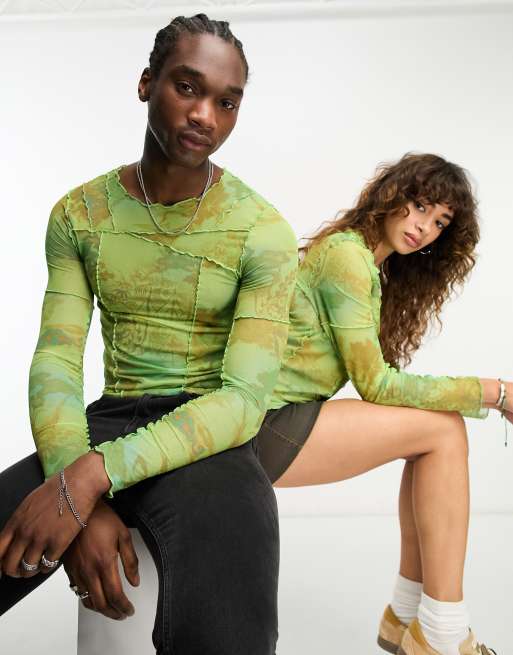 Reclaimed Vintage – Mönstrad topp med dekorativ söm och långa ärmar i unisex-modell av mesh