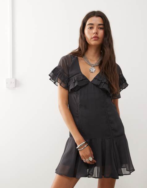 Reclaimed Vintage – Mörkgrå, kort tea-klänning med cape-krage - view 1