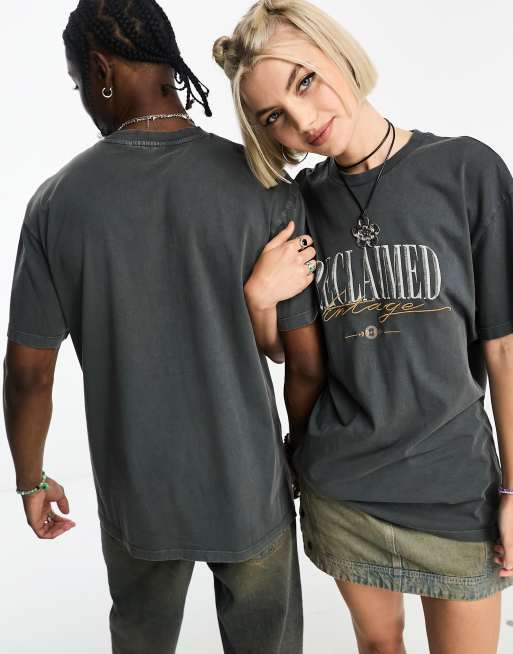 Reclaimed Vintage – Mörkgrå, urtvättad unisex-t-shirt med logga, 2 av 4