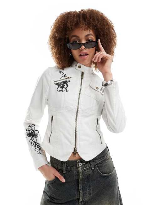 Reclaimed Vintage – Motorradjacke aus Nylon in Weiß mit Stickerei