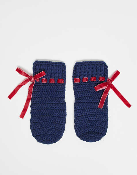 Reclaimed Vintage - Moufles crochetées avec détail en velours - Bleu - view 1