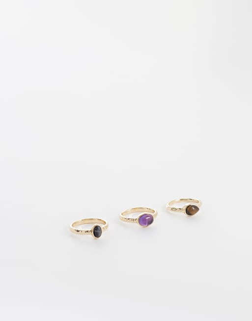 Reclaimed Vintage multi 3 pack rings with semi precious stones in gold