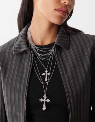 Reclaimed Vintage Multi Chain Layered Necklace With Crosses In Metallic