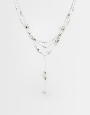 Reclaimed Vintage Multi Row Pearl Lariat Necklace-silver
