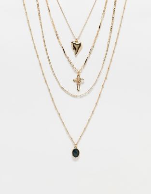 Reclaimed Vintage multirow necklace with cross and heart pendant in gold