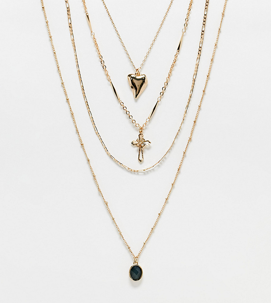 Reclaimed Vintage multirow necklace with cross and heart pendant in gold