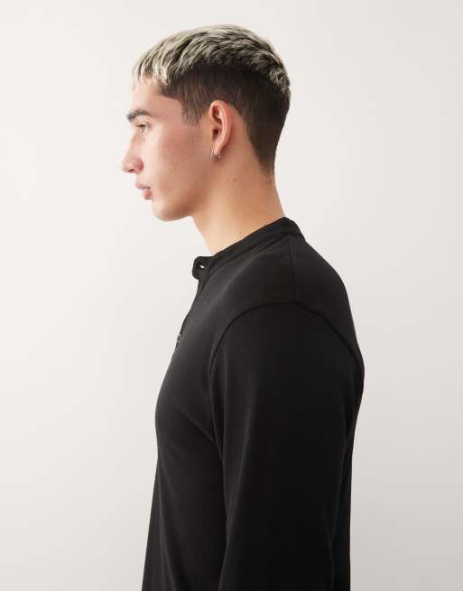 Reclaimed Vintage muscle fit long sleeve henley t-shirt in black 