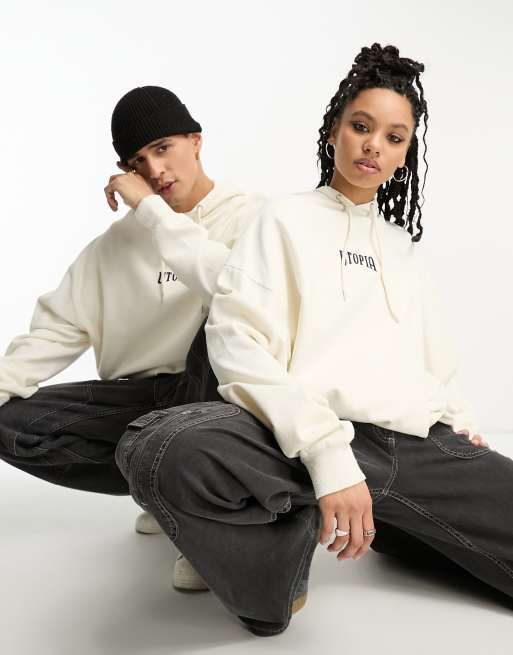 Reclaimed Vintage – Naturvit huvtröja i unisex-modell med Utopia-tryck, 3 av 4