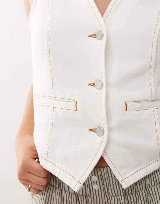 Reclaimed Vintage – Naturvit kostymväst i denim med bruna sömmar, 2 av 4