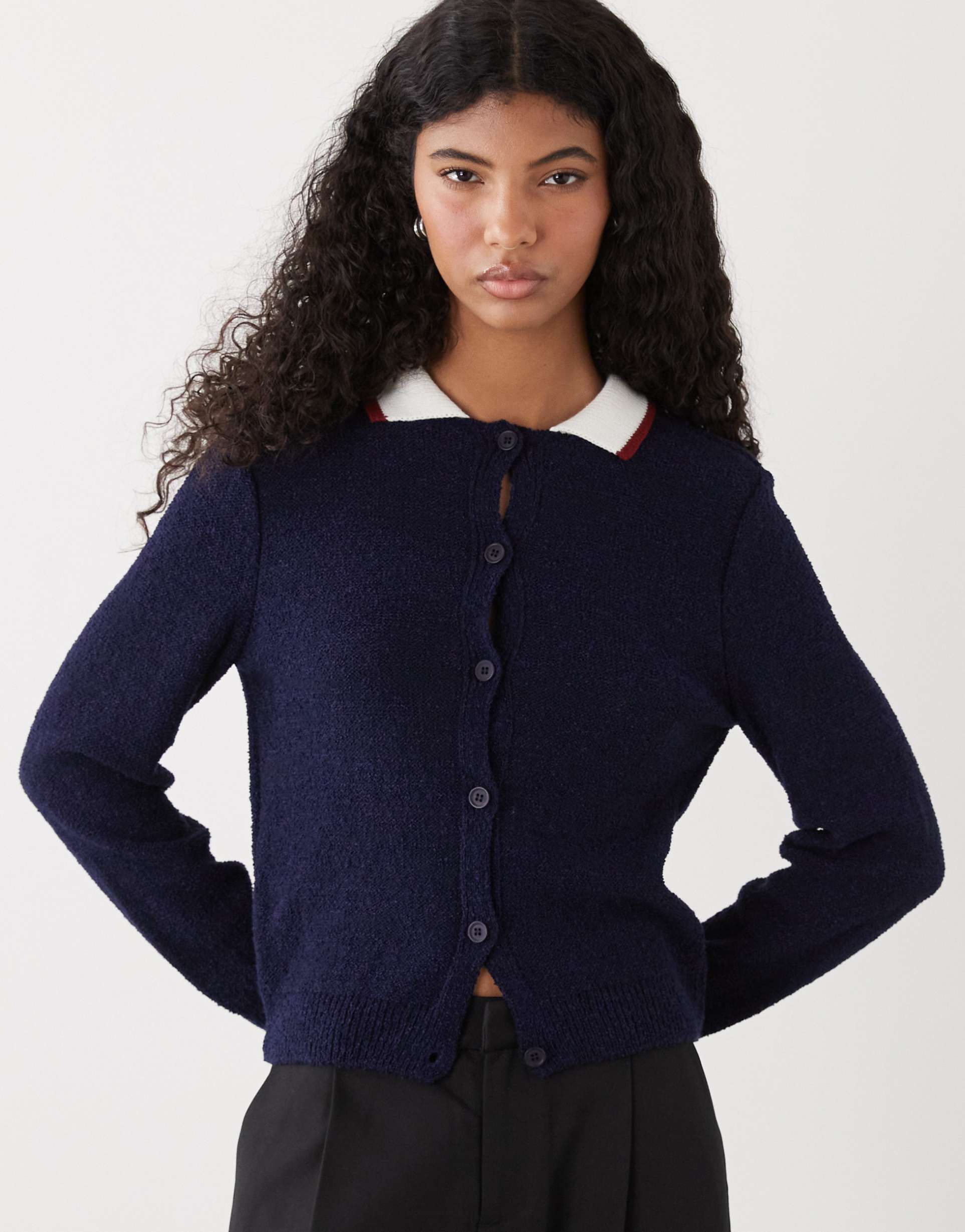 reclaimed vintage neat fit cardigan with ribbed collar in navy