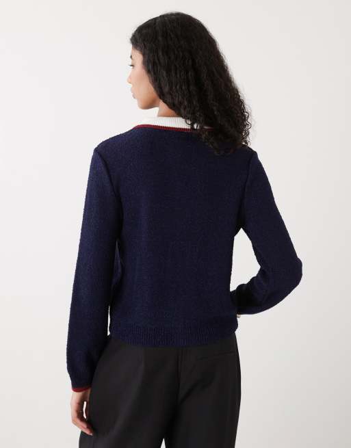Reclaimed Vintage neat fit cardigan with ribbed collar in navy, 4 of 4