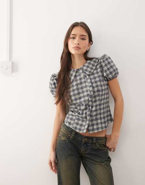 Reclaimed Vintage neat fit shirt with asymmetric button and puff sleeves in navy check - view 1