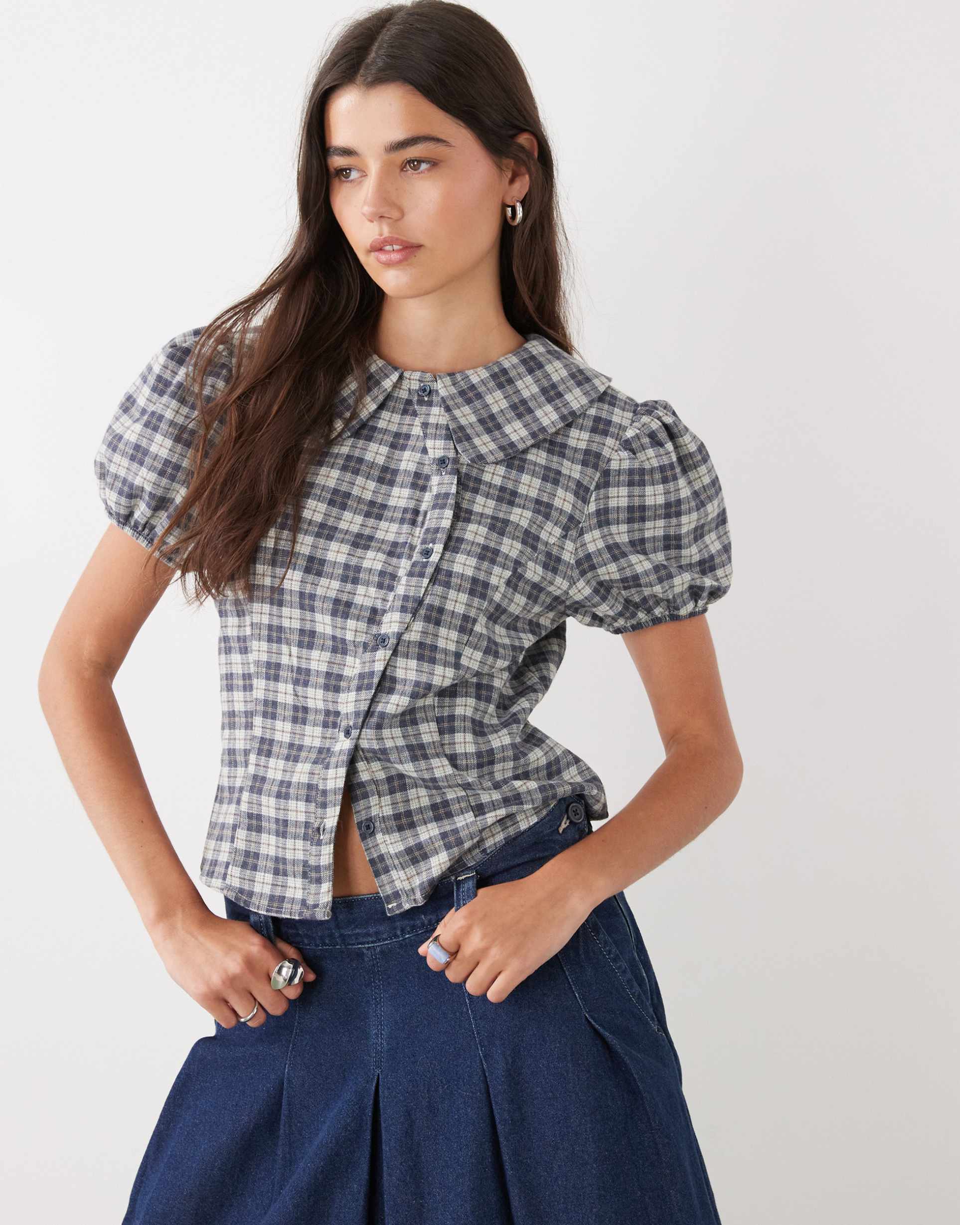 reclaimed vintage neat fit shirt with asymmetric button with puff sleeves in navy plaid