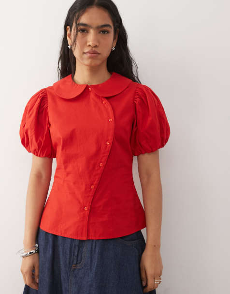 Reclaimed Vintage neat fit shirt with asymmetric buttons and puff sleeve in red - view 1