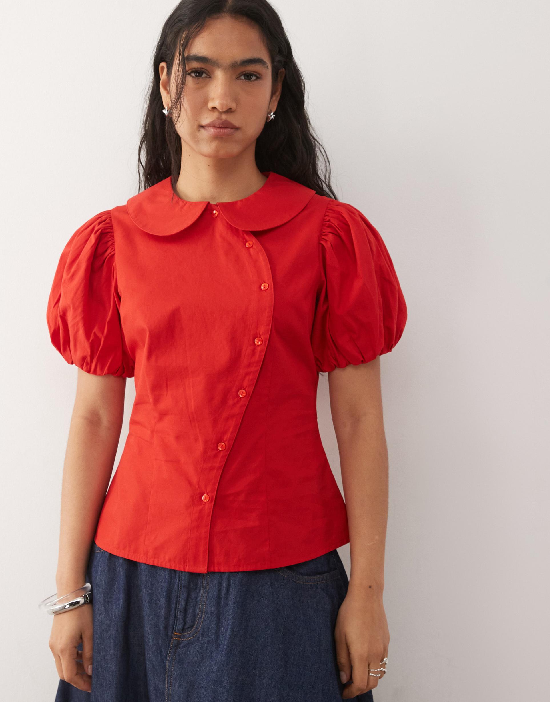 reclaimed vintage neat fit shirt with asymmetric buttons and puff sleeve in red